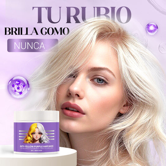 Máscara morada contra pelo amarillo