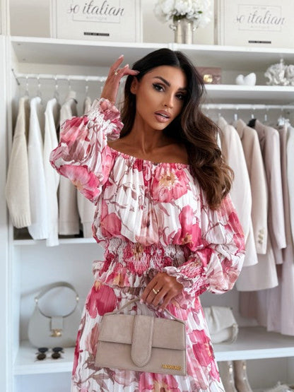 🌸Vestido de temporada 50% de descuento Conjunto de dos piezas de top con hombros descubiertos y falda larga con estampado floral