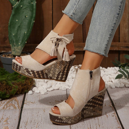 🔥Sandalias de cuña con plataforma y punta abierta con borlas para mujer - 🩷¡Oferta de verano! 50 % de descuento