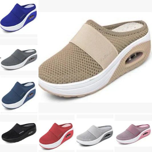 Pantuflas informales de tela hueca con suela plana y tacón bajo para mujer