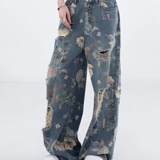Jeans de mezclilla de pierna ancha con ceñadas de mujer！ envío gratis ！！