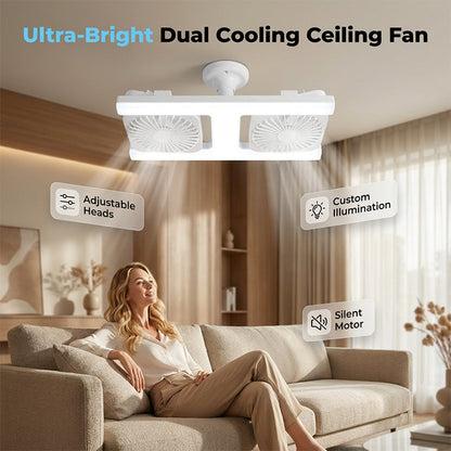 🌬️✨ Dvouhlavý stropní ventilátor s LED světlem – moderní design s dálkovým ovládáním do obývacího pokoje a ložnice